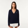 Pullovers | LACOSTE Pull Femme Lacoste Col En V Uni En Laine