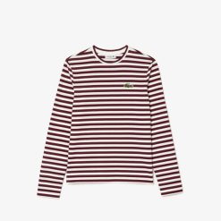 T-Shirts | LACOSTE T-Shirt Manches Longues Femme Lacoste A Rayures En Jersey De Coton