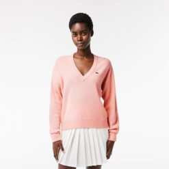 Pullovers | LACOSTE Pull Femme Lacoste Col En V Uni En Laine