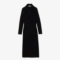 Robes & Jupes | LACOSTE Robe Longue Col Polo En Maille Cotelee Sans Couture