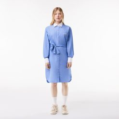 Robes & Jupes | LACOSTE Robe Rayee Manches Longues En Popeline De Coton