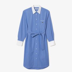 Robes & Jupes | LACOSTE Robe Rayee Manches Longues En Popeline De Coton