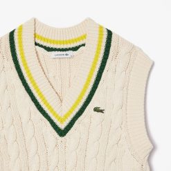 Pullovers | LACOSTE Pull Col V Sans Manche Torsade Details Contrastes