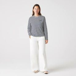 T-Shirts | LACOSTE T-Shirt Manches Longues Femme Lacoste A Rayures En Jersey De Coton