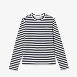 T-Shirts | LACOSTE T-Shirt Manches Longues Femme Lacoste A Rayures En Jersey De Coton