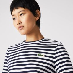 T-Shirts | LACOSTE T-Shirt Manches Longues Femme Lacoste A Rayures En Jersey De Coton