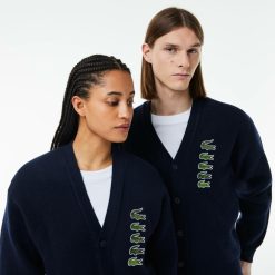 Pullovers | LACOSTE Cardigan Double Face Laine Et Coton Avec Crocodiles Iconiques