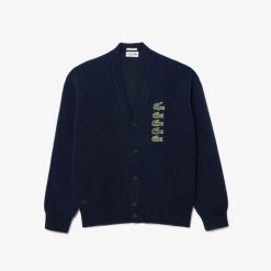 Pullovers | LACOSTE Cardigan Double Face Laine Et Coton Avec Crocodiles Iconiques