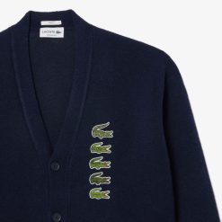 Pullovers | LACOSTE Cardigan Double Face Laine Et Coton Avec Crocodiles Iconiques