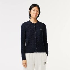 Pullovers | LACOSTE Cardigan Col Rond A Torsades En Laine Et Coton