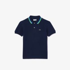 Vetements Garcon | LACOSTE Polo Garcon Lacoste Avec Col Tricolore En Petit Pique De Coton