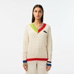 Pullovers | LACOSTE Pull Torsade Col V Femme Lacoste Avec Details Colores