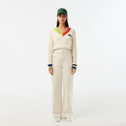 Pullovers | LACOSTE Pull Torsade Col V Femme Lacoste Avec Details Colores