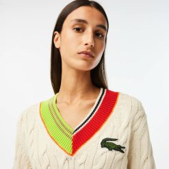 Pullovers | LACOSTE Pull Torsade Col V Femme Lacoste Avec Details Colores