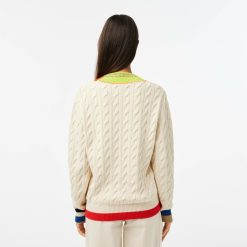 Pullovers | LACOSTE Pull Torsade Col V Femme Lacoste Avec Details Colores