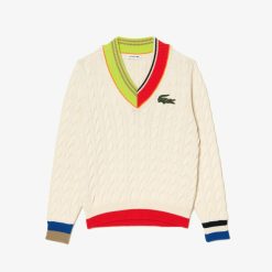 Pullovers | LACOSTE Pull Torsade Col V Femme Lacoste Avec Details Colores