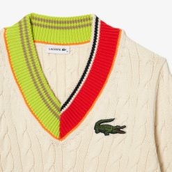 Pullovers | LACOSTE Pull Torsade Col V Femme Lacoste Avec Details Colores