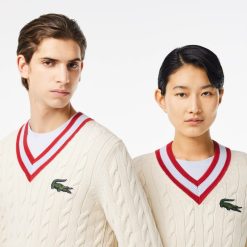 Pullovers | LACOSTE Pull Torsade Col V Unie Lacoste En Coton Biologique