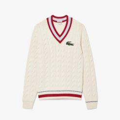 Pullovers | LACOSTE Pull Torsade Col V Unie Lacoste En Coton Biologique