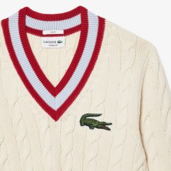 Pullovers | LACOSTE Pull Torsade Col V Unie Lacoste En Coton Biologique