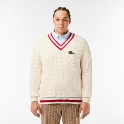 Pullovers | LACOSTE Pull Torsade Col V Unie Lacoste En Coton Biologique