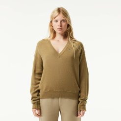 Pullovers | LACOSTE Pull Femme Lacoste Col En V Uni En Laine