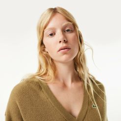 Pullovers | LACOSTE Pull Femme Lacoste Col En V Uni En Laine