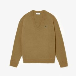 Pullovers | LACOSTE Pull Femme Lacoste Col En V Uni En Laine