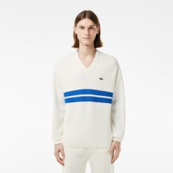 Pullovers | LACOSTE Pull Col V Raye En Pique Double-Face Avec Rayures