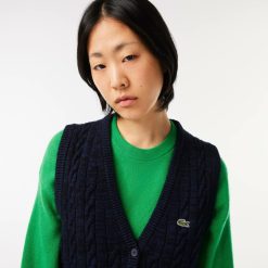 Pullovers | LACOSTE Cardigan Sans Manche A Torsades En Coton Et Laine