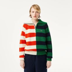 Pullovers | LACOSTE Pull Col Zippe A Rayures Contrastees En Laine