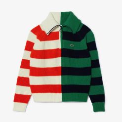 Pullovers | LACOSTE Pull Col Zippe A Rayures Contrastees En Laine