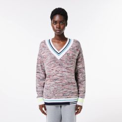 Pullovers | LACOSTE Pull A Col V Contraste Raye En Alpaga