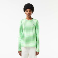 T-Shirts | LACOSTE T-Shirt Manches Longues Femme Lacoste A Rayures En Jersey De Coton