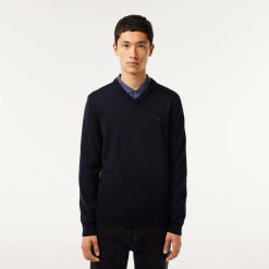 Pullovers | LACOSTE Pull A Col V En Laine Merinos Unie