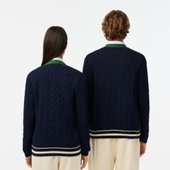 Pullovers | LACOSTE Cardigan Torsade Col V Unie Lacoste En Coton Biologique