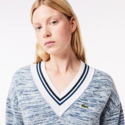 Pullovers | LACOSTE Pull A Col V Contraste Raye En Alpaga