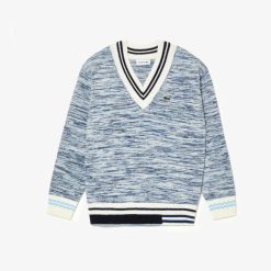 Pullovers | LACOSTE Pull A Col V Contraste Raye En Alpaga