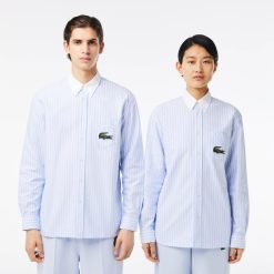 Chemises & Hauts | LACOSTE Chemise Rayee Coton Oxford Col Contraste Et Grand Crocodile