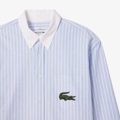 Chemises & Hauts | LACOSTE Chemise Rayee Coton Oxford Col Contraste Et Grand Crocodile