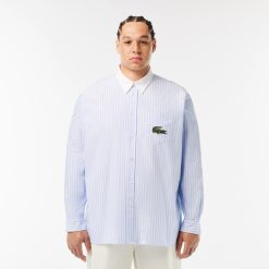 Chemises & Hauts | LACOSTE Chemise Rayee Coton Oxford Col Contraste Et Grand Crocodile