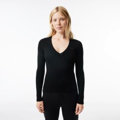 Pullovers | LACOSTE Pull Col V En Maille Cotelee Sans Couture