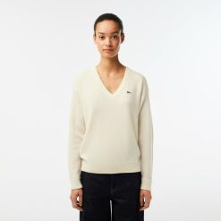 Pullovers | LACOSTE Pull Femme Lacoste Col En V Uni En Laine