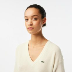 Pullovers | LACOSTE Pull Femme Lacoste Col En V Uni En Laine